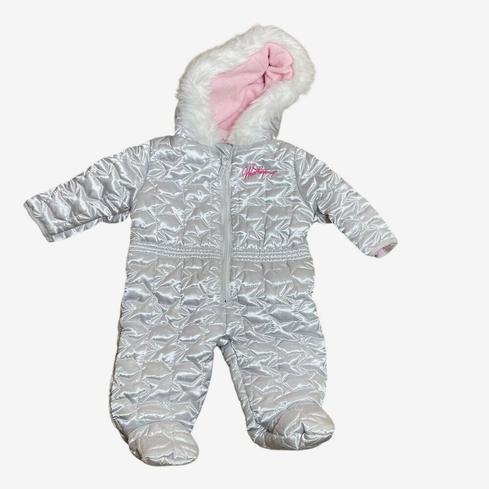 Baby Weatherproof Quilted coverall size 6/9 M one piece with hood mitts bootie